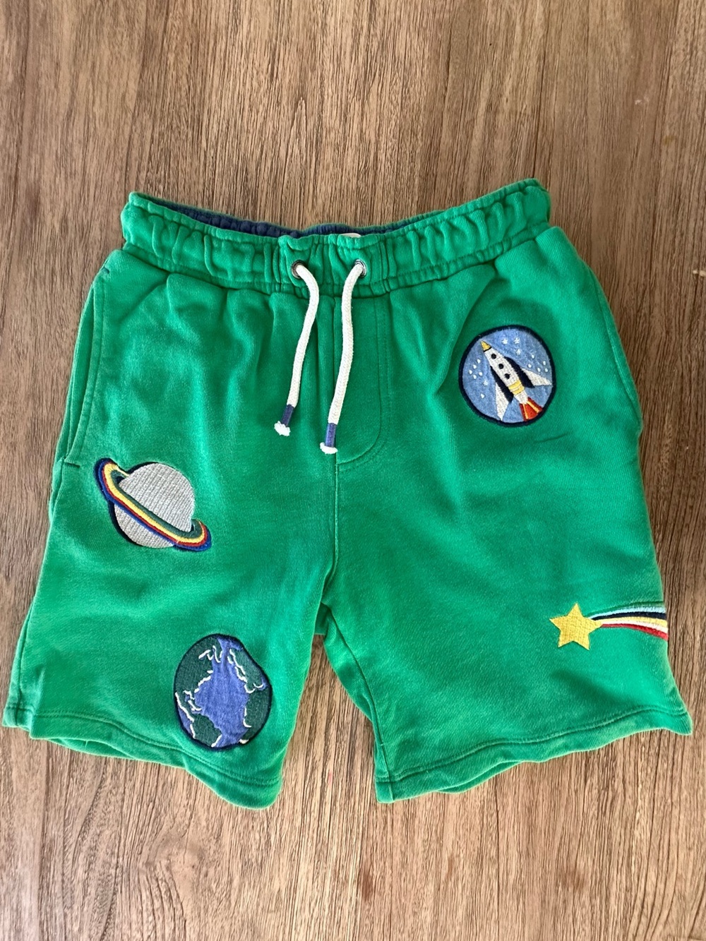 Mini Boden Green Space Patch Knit Shorts